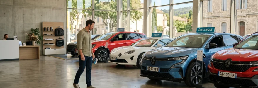 Un client découvre des voitures hybrides et électriques dans un showroom lumineux.
