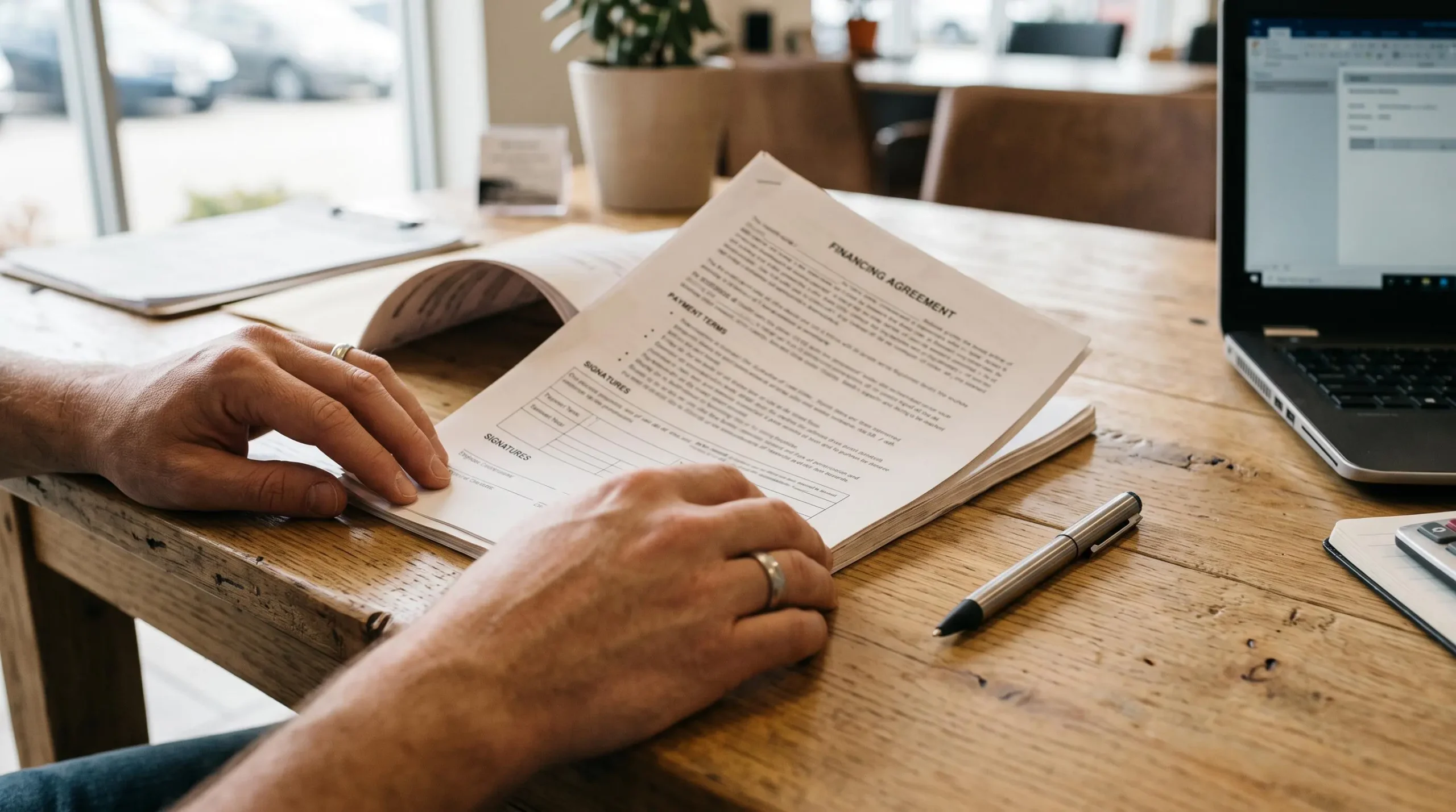 Des mains examinent un document de financement sur un bureau de concession.