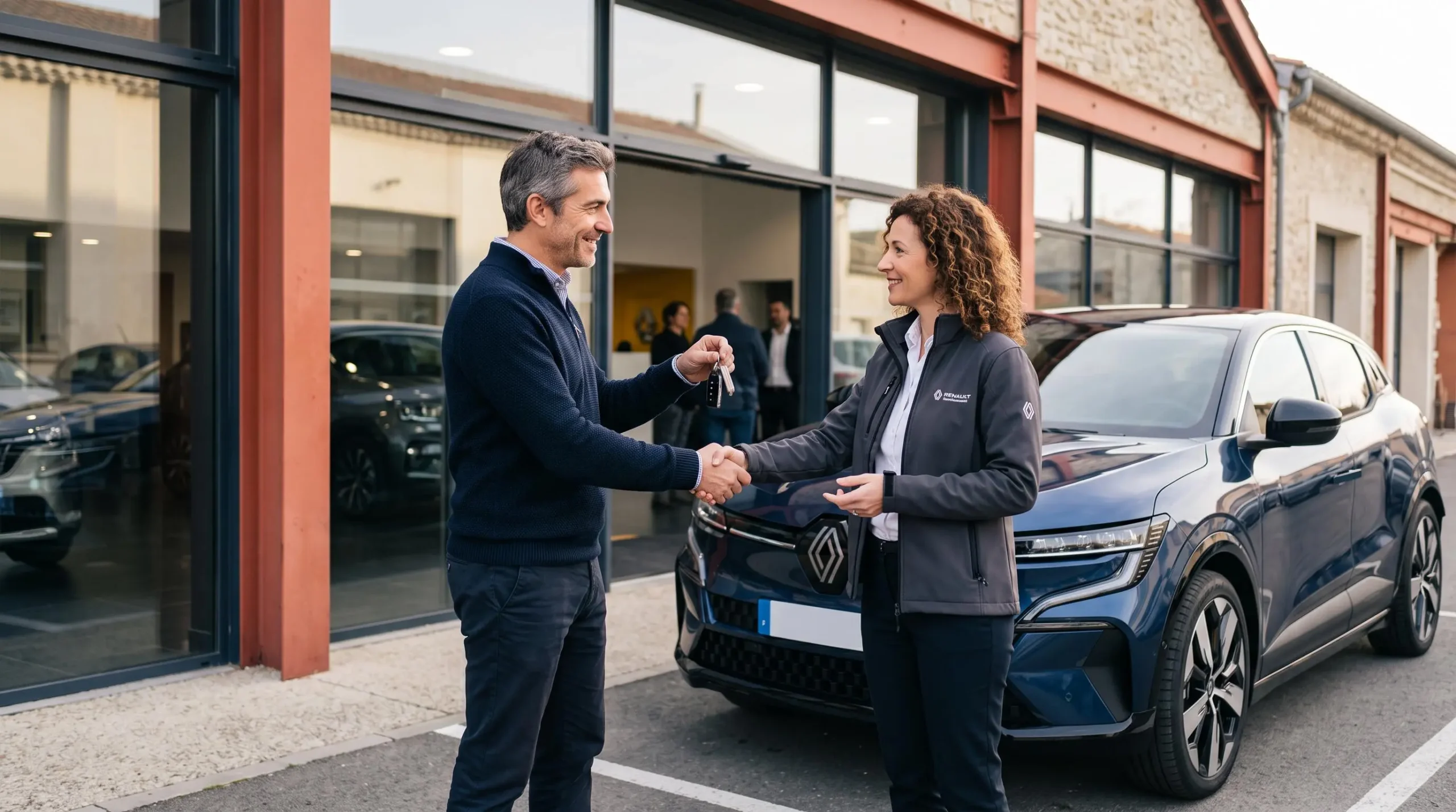 Un client reçoit les clés de sa voiture électrique des mains d'un vendeur.