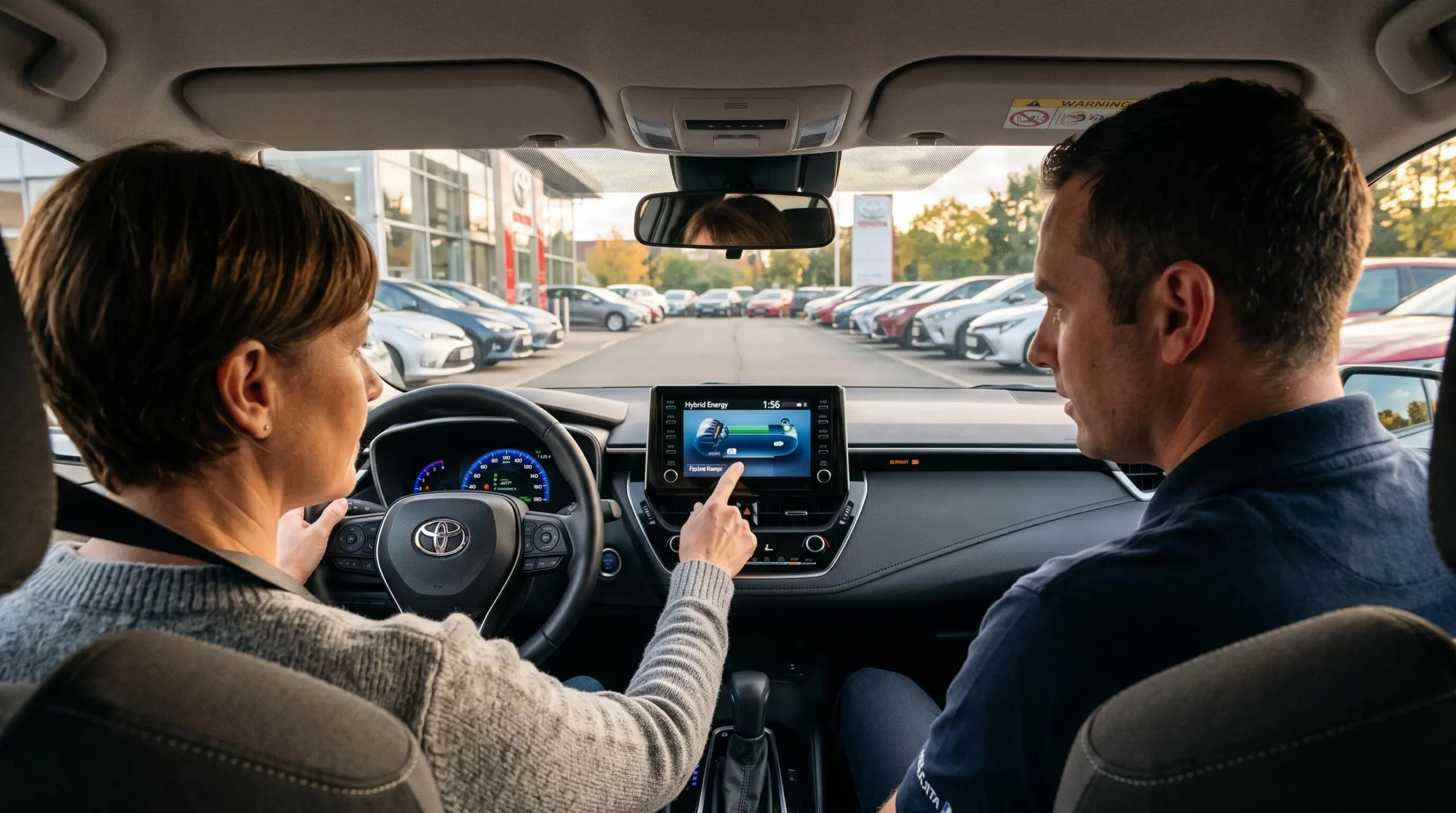 Un vendeur explique le tableau de bord d'une voiture électrifiée avant un essai.